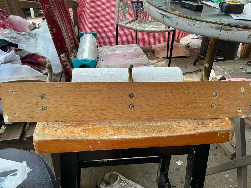 Vintage Wall-Mounted Wooden Coat Rack with Three Antique Brass Double Hooks